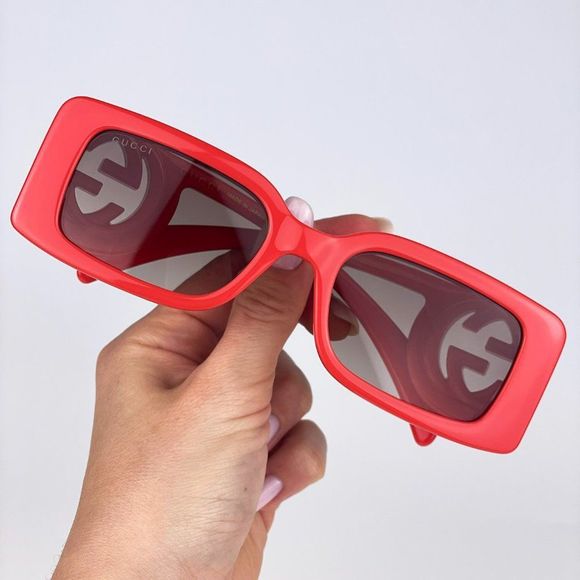 Gucci GG1325S 005 Sunglasses Red Brown Gradient Rectangle Women - Picture 3 of 16